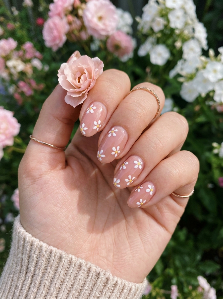 Rosa Nägel mit weißen Blümchen